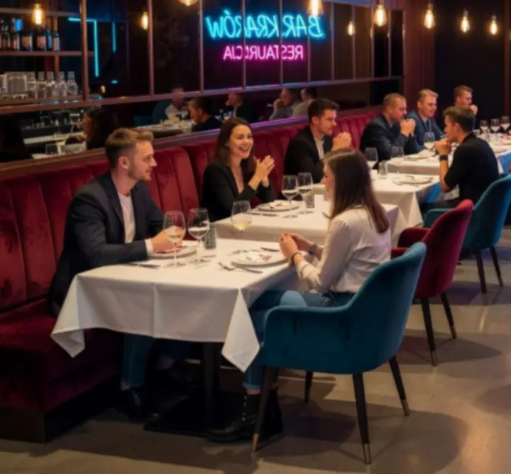 Nowoczesne wnętrze WIN-STRUCT Michał Rejtan z eleganckimi stolikami i kolorowym oświetleniem