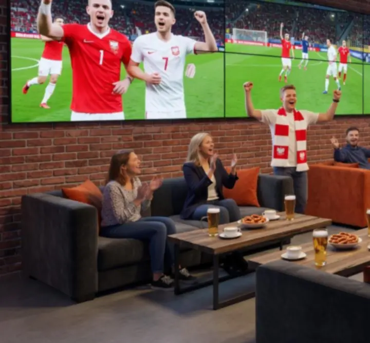 Sportowa strefa lounge z dużymi ekranami w WIN-STRUCT Michał Rejtan