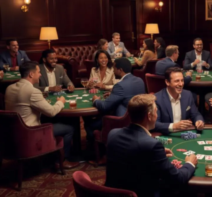 Gracze pokera uśmiechający się przy stoliku w klubowej atmosferze