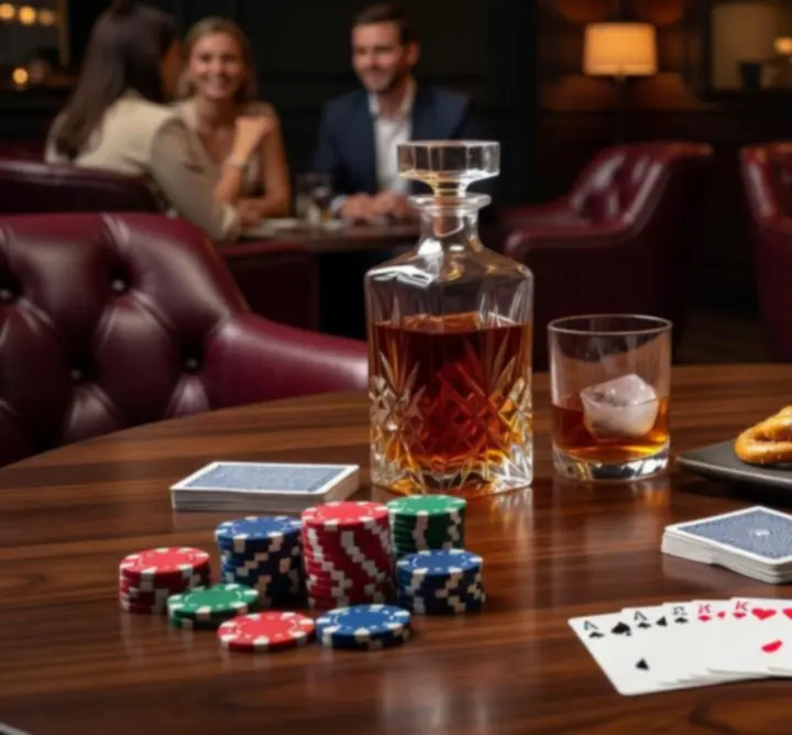 Przekąski i napoje serwowane przy stoliku pokerowym