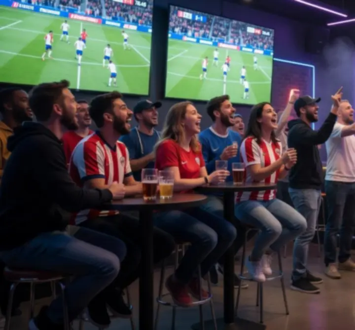 Goście oglądający wydarzenie sportowe na dużym ekranie